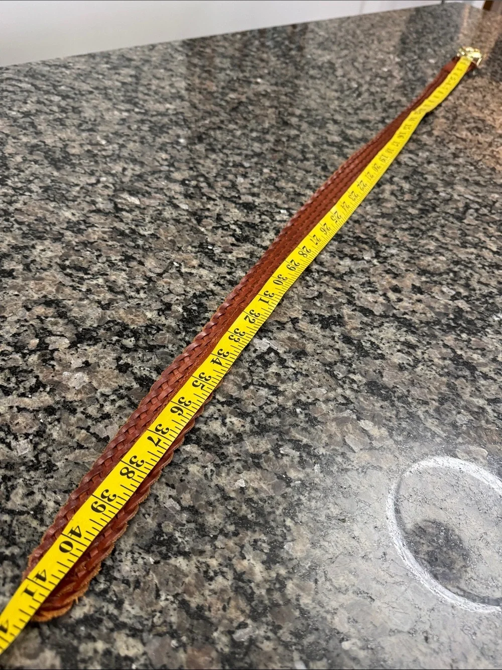 Michael Kors Woven Leather Belt with Gold MK Buckle - Chestnut M -L